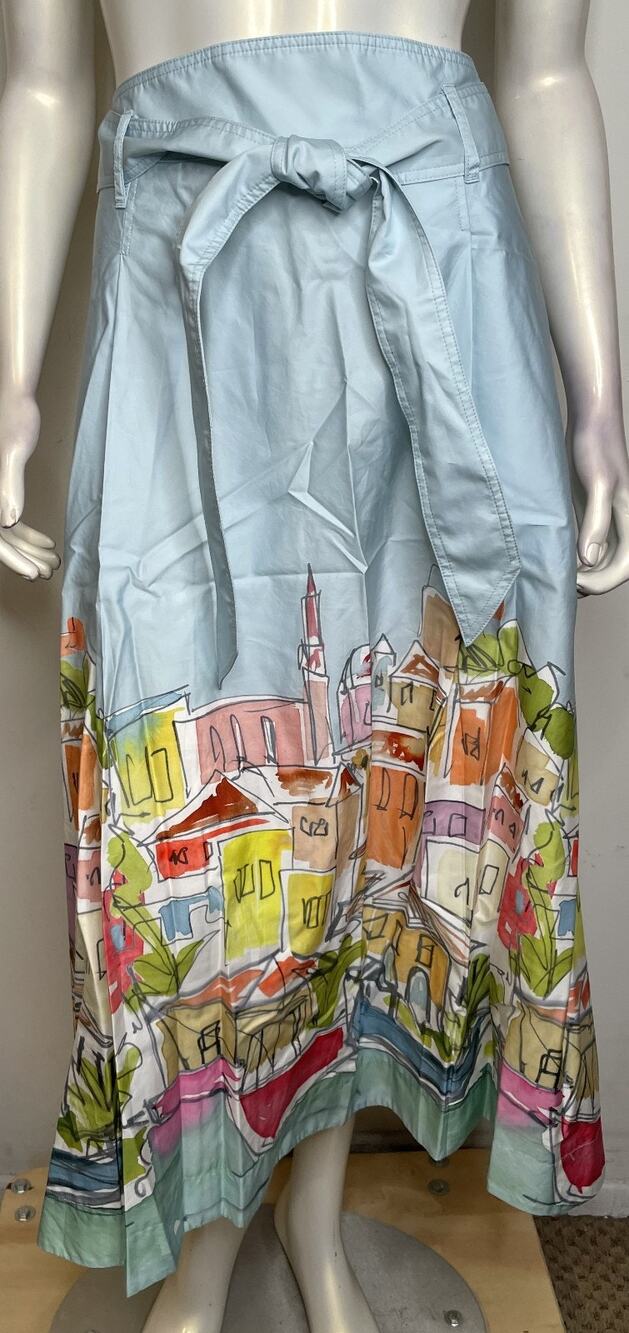 Boden Blue Rainbow Village Skirt Womens US10R NEW Tie Waist Coastal Town Boats